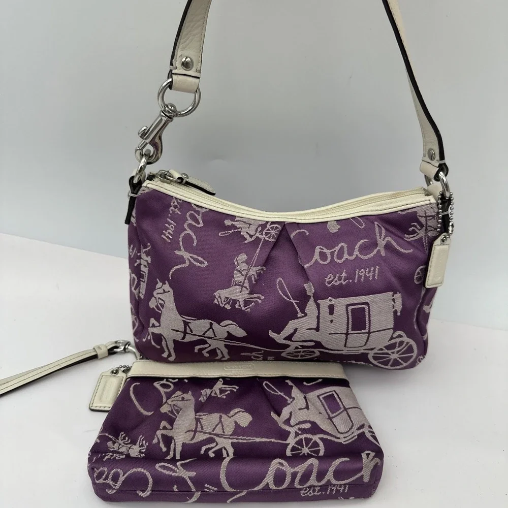 VTG Y2K Coach Purple Horse Carriage Print Wristlet & Bag Canvas Leather Trim EUC